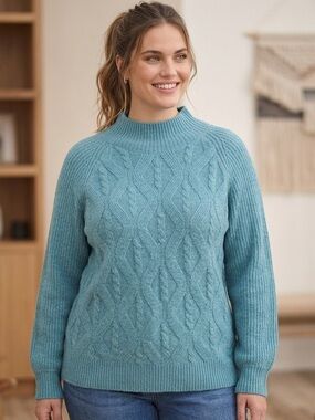 Tribal Teal Cable Knit Turtleneck Sweater